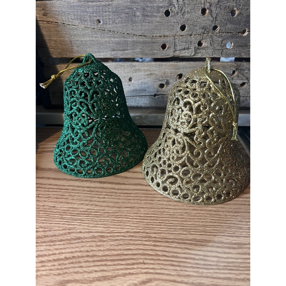 Christmas House‎ 2 Filigree Decor Bells - 1 Gold 1 Green New 6' tall Retro